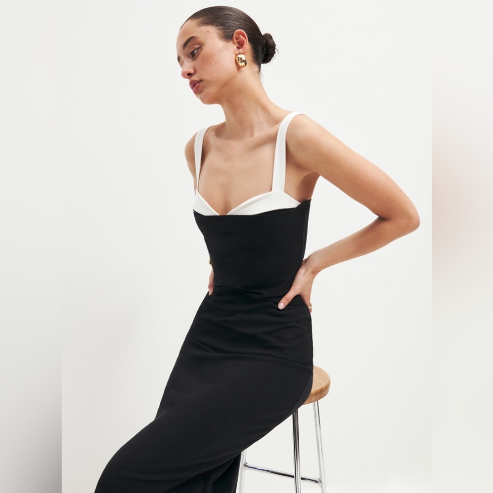 $178 Reformation Nelle Knit Dress black white midi sweetheart neck corset jersey